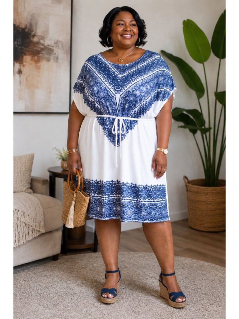 5th & Love Size Large Caftan Dress Blue White Bohemian Print Tie Waist Belt - Picture 3 of 8
